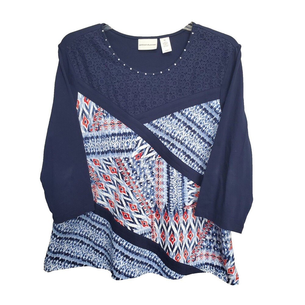 Alfred Dunner Blue Studded Lace Accent Ikat Print 3/4 Sleeve Knit Top Size XL
